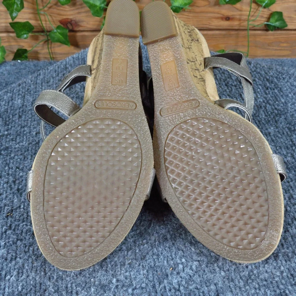 Aerosoles Plush Wedge‎ Women Strappy Sandal Size 8 Summer Metallic Pewter Cork
